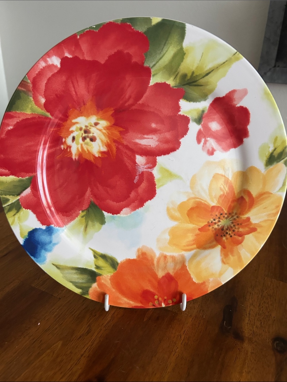 3 Dinner Plates Pier One Amelia Floral 11" Plates Red, Orange & Yellow -